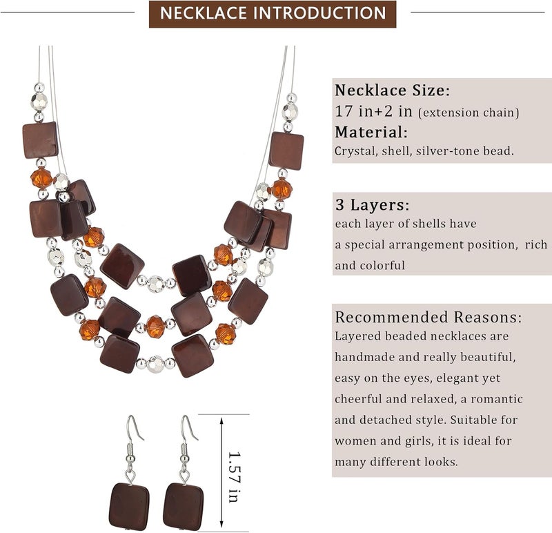 Errally Store Layered Beaded Statement Necklaces for Women Square Shell Bead Collar Necklace and Earring Set Birthday Gifts Boho Jewelry Sets for Women - Image 5